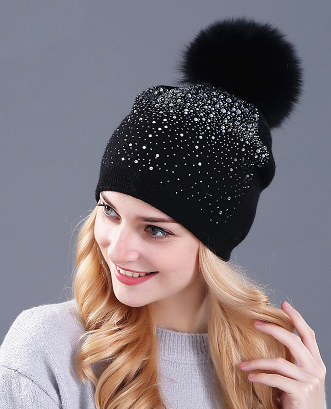 Rhinestones Rabbit fur knitted hat Rhinestones Rabbit fur knitted hat